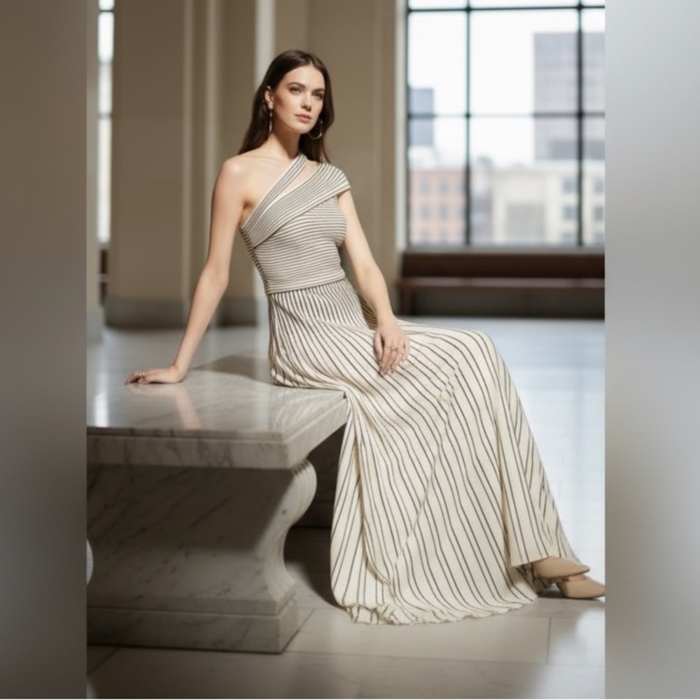 NWT ST. JOHN Striped Ottoman Pleated One Shoulder Gown Cream/Black Size 4 - Picture 5 of 17